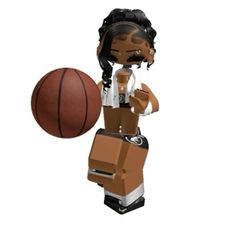 a woman holding a basketball in her hand and standing next to a box with a basketball on it