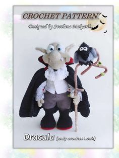 the crochet pattern for dracula is shown in front of a white background with black and