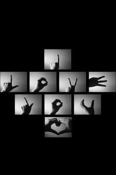 black and white photograph of hands making the shape of a heart with their fingers in different positions