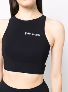 Black/white logo-print tank top from PALM ANGELS featuring two-tone design, logo print at the chest, side stripe detailing, round neck, cropped and sleeveless. | Palm Angels Logo-Print Tank Top Angels Logo, Striped Crop Top, Palm Angels, Side Stripe, Print Tank, Printed Tank Tops, Black Crop Tops, Cropped Top, Design Logo