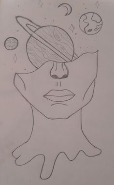 a drawing of a woman's face with planets above her head