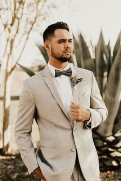 a man in a gray suit and bow tie standing next to a cactus plant with his hands in his pockets