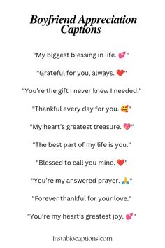 Short captions for boyfriend appreciation" are creative and meaningful ways to highlight your love and gratitude for your boyfriend in just a few words. Appreciation Words For Him, Birthday Wordings For Boyfriend, Meaningful Quotes To Boyfriend, One Word Caption For Husband, Boyfriend Story Caption, Hug Captions For Boyfriend, Christmas Caption With Boyfriend, Short Cute Instagram Captions, Love Caption For Him