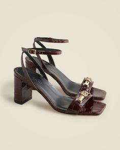 J.Crew: Evelyn Buckle-strap Sandal Heels In Croc-embossed Italian Leather For Women Strap Sandals Heels, Hair Wrap Scarf, T Strap Heels, Sandal Heels, Loafer Sneakers, Jcrew Women, T Strap, Scarf Hairstyles, Printed Leather