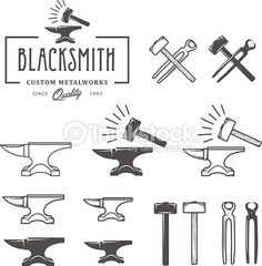 black and white logos for blacksmiths, including hammers, an old fashioned ax