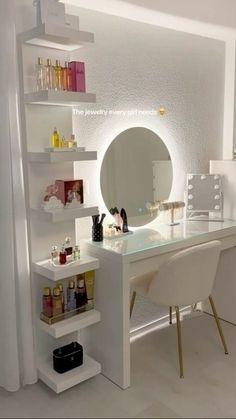 there is a vanity with a mirror and shelves on the wall next to each other