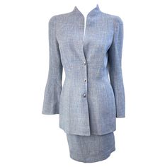 Chic an iconic THIERRY MUGLER pale blue linen skirt suit ! Silver bullet snaps up the front of the tailored blazer jacket. Slight bell sleeves. High waisted pencil skirt has hidden zipper up the back with hook-and-eye closure. Both pieces great together or as separates.In great condition Made in France Marked Size 40 / US 6 Measurement: Jacket 38 inch bust 30 inch waist Skirt: 27 inch waist 36-38 inch hips 22.5 inches in length 1stdibs Dress, Blue Linen Skirt, Linen Skirt Suit, 90s Skirt, 1990s Fashion, Silver Bullet, High Waisted Pencil Skirt, Thierry Mugler, Tailored Blazer