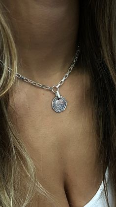 "A beautiful necklace made of rectangular links made of STERLING SILVER 925 with a coin pendant. The necklace is inspired by the boho-chic With touches of rock style. if you especially like street fashion then this necklace its, especially for you. SIZE long chain length: 13.8\" (35cm) up to 19.8\" (50cm) width& high coin: 0.98\" (2.5 cm) width chain : 0.11\" (0.3cm) A more sterling silver necklace design you can see in this link: https://etsy.me/2U0WxW7 ♦ This piece of jewelry is perfect fo Sliver Necklace, Chunky Silver Necklace, Silver Necklace Designs, Silver Link Necklace, Silver Coin Necklace, Necklace Chunky, Brick Patterns, Medallion Necklace, Link Chain Necklace