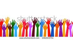 many hands up in the air against a white background