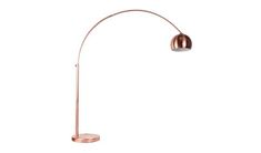 a copper colored floor lamp with an arc shaped light on the base and a white background