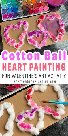 cotton ball heart painting for valentine's day is an easy and fun art activity