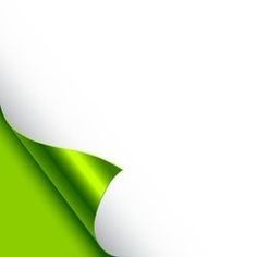 a green and white paper background with curled corner on the left side, in front of an empty sheet of paper