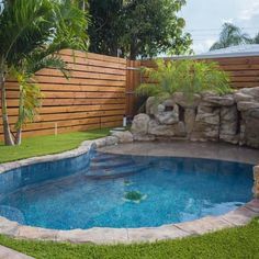 a backyard with a swimming pool surrounded by lush green grass