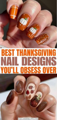 Thanksgiving Nails Design Fall, Scarecrows Nails, Fall Thanksgiving Nails, Pumpkin Nail Art, Xmas Nail Art, Brown Nails Design, Glitter Accent Nails