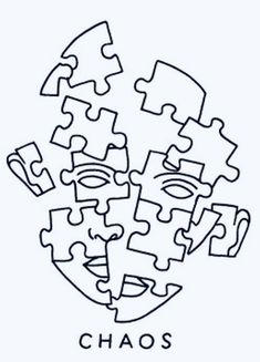 a face made out of puzzle pieces with the word chaos on it's side