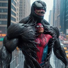 the amazing spider - man stands in front of a city street