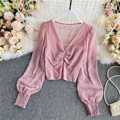 Cute v neck long sleeve crop topsMaterial: blendedColor: pink, white, blue, blackSize(cm): free sizelength 42 bust 93 Sunday Dress Outfit, Short Blouses, Casual College Outfits, Crop Top Shirts, Cropped Tops, Cute Crop Tops, Chiffon Shirt, Crop Shirt, Long Sleeve Lace