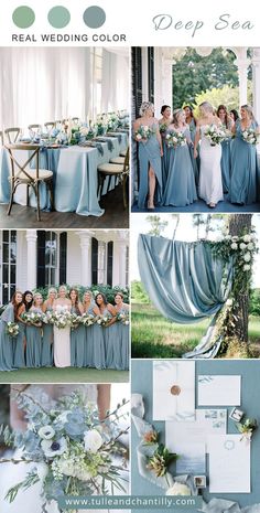 a collage of photos with blue and white wedding colors