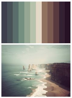 two different color palettes with the ocean and cliffs in the background