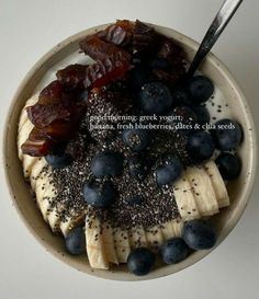 a bowl filled with bananas, blueberries and raisins next to a spoon