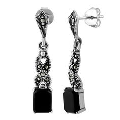 An Exotic, hand-crafted Unique Sterling Silver Dangling Black Onyx Marcasite Earrings. Intricately designed Sterling Silver creates a very unique and elegant look! Embellish your beautiful ears with this piece! Marcasite Earrings, Marcasite Jewelry, Timeless Ring, Unique Brooch, Silver Jewelry Earrings, Crown Jewels, Pendant Earrings, Modern Jewelry, Black Onyx