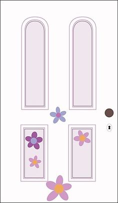 the front door is decorated with flowers and two doors are painted in pink, purple, and blue