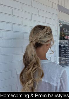 Homecoming & Prom hairstyles Prom Hair Inspo Ponytail, Braid Into Ponytail Prom, Prom Updo Ponytail, Prom Hairstyles Ponytail Braid, Prom Hair 2023 Updo, Prom Braided Ponytail, Braided Ponytail Hairstyles Prom, Ponytail Updo With Braid, Hair For Prom Updo