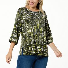 Colleen Lopez Woven Relaxed Fit Printed Top  This easy-breezy woven top features an amazing print that's sure to complement your style. It perfectly pairs with just about any pant, legging or skirt. Trendy Green Printed Top, Stretch Green Printed Top, Vibrant Print Tops For Vacation, Spring Stretch Top With All Over Print, Stretch Top With All Over Print For Spring, Stretch Tops With All Over Print For Spring, Green Printed Crew Neck Blouse, Patterned Tops With All Over Print For Vacation, Patterned Crew Neck Top For Vacation