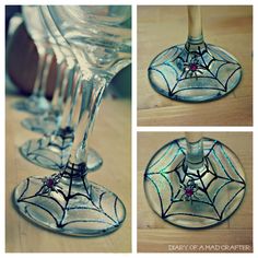 three pictures of wine glasses with spider webs on them