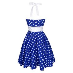 Blue Polka Dot Dress Vintage Dress Rockabilly Dress Pin Up Dress Halter Dress 50s Retro Dress Swing Dress Birthday Party DressThe sensational "ASHLEY" dress by vintage repro designers "Lady Mayra"  Just unmissable for this season, this superb quality rockabilly style swing dress is crafted from premium cotton featuring a kitsch polka dot print. With its understated glamour and figure flattering it, it's the perfect dress to turn heads at parties, weddings and proms. This gorgeous fifties style d Polka Dot Dresses For Retro-themed Events, Fitted 1950s Style Polka Dot Dress, Fitted Polka Dot Dress In 1950s Style, Retro Fitted Polka Dot Vintage Dress, Fitted Retro Polka Dot Vintage Dress, Polka Dot Pinup Dress For Summer, Retro Polka Dot Dresses For Party, Retro Polka Dot Dress For Vintage Fashion, Pinup Polka Dot Party Dress