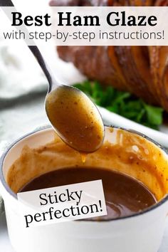 a spoon full of gravy being lifted from a pot with the words sticky perfection on it