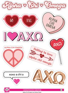 some stickers that say i love delta and the letters are in pink, red, and