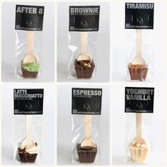 six spoons with different types of ice cream on them in plastic bags and tags