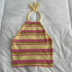 Brand New, Never Worn, I Just Took The Tag Off After I Bought It, Perfect Condition, Cropped Perfect Summer Top!! Yellow Y2k Crop Top For Spring, Yellow Halter Top For Spring Vacation, Yellow Halter Neck Top For Vacation, Striped Halter Neck Top For Summer, Cute Yellow Sleeveless Top, Yellow Halter Neck Tank Top For Summer, Trendy Yellow Sleeveless Halter Top, Cute Summer Tops With Halter Neck, Casual Yellow Halter Top For Vacation