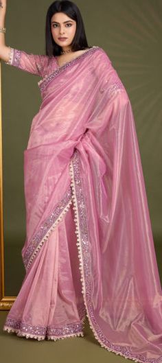 Pink and Majenta color Saree in Organza Silk fabric with Border, Embroidered work Luxury Pink Ceremonial Saree, Luxury Pink Saree With Gota Work, Reception Lehenga, Engagement Reception, Traditional Saree, Waist Chain, Traditional Sarees, Blouse Length, Petticoat