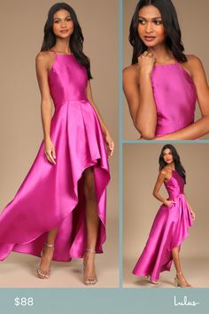 Raise a glass in the Broadway Show Magenta High-Low Gown! Medium-weight woven taffeta, with a high shine sheen, shapes this show-stopping gown with adjustable spaghetti straps, an apron neckline, and a princess-seamed bodice. Fitted, banded waist sits atop a flowy, high-low maxi skirt with box pleats, side seam pockets, and a voluminous silhouette. Hidden back zipper/clasp. Fit: This garment fits true to size. Length: Floor length. Size medium measures 57" from adjustable straps to hem. Bust: Gr Pink Taffeta Party Dress, Pink Taffeta Party Gown, Pink Taffeta Evening Dress For Party, Taffeta Prom Dress For Spring, Spring Prom Taffeta Dress, Spring Prom Dress In Taffeta, Fitted Taffeta Maxi Dress For Party, Spring Party Satin Gown, Spring Bridesmaid Satin Gown