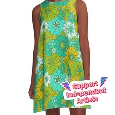 Loose-fit, mid-length sleeveless dress with silky handfeel. Printed on both sides. Machine washable. Size range XS-2XL. Retro 60s (maybe 70s ) inspired floral pattern design with lots of daisies and dahlias in bright green colors like, lime avocado, chartreuse, and teal Retro Mid-length Summer Dresses, Retro Printed Sleeveless Mini Dress, Retro Sleeveless Midi Dress With Floral Print, Green Printed A-line Midi Dress, Green A-line Sundress With Floral Print, Green Floral Print A-line Sundress, Green Retro Sleeveless Summer Dress, Retro Green Sleeveless Summer Dress, Green Retro Sleeveless Dress For Summer