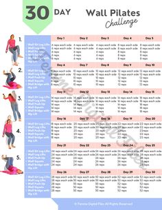 the 30 day wall pilates challenge is shown in this poster, with instructions for each