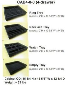 four different types of trays with measurements for each item in the box and below them