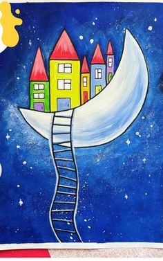 a painting of a house on the moon with a ladder going up it's side