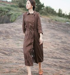 Coffee linen Loose Long Sleeve Shirt Autumn Women Linen Dresses S90921 Loose Long Sleeve Shirt, Autumn Coat, Spring Dresses Women, Linen Dress Women, Loose Long Sleeve, Organic Colors, Women Long Sleeve Dress, Sleeve Women, Fall Coat