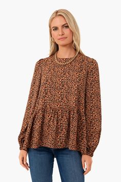 Leopard Carlota Blouse | Pomander Place Casual Outfits For Moms, Cuffed Sleeve, Peplum Blouse, Peplum Hem, Long Puff Sleeves, Fresh Look, Mom Outfits, Trendy Tops, Puff Sleeves