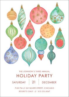 a holiday party with ornaments on the front and back of it, in watercolor