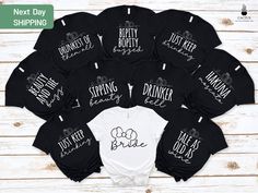 six shirts with the names of bride and grooms on them