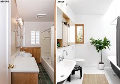 before and after pictures of a bathroom remodel with tub, sink, toilet