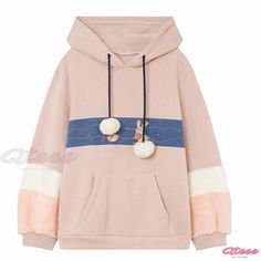 Qteee - Colorblock Rabbit Print Hoodie Pink Hooded Hoodie With Patchwork, Trendy Winter Hoodie With Contrast Color, Hooded Color Block Sweater For Winter, Pink Patchwork Hoodie, Casual Hooded Tops With Contrast Color, Casual Color Block Hooded Sweater, Casual Hooded Color Block Sweater, Pink Patchwork Hoodie For Winter, Pink Patchwork Hoodie For Fall