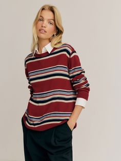 This sustainable sweater is relaxed fitting throughout and has ribbing at the cuff, neck, and hem. Boyfriend Sweater, Work Wear Outfits, Cashmere Blend Sweater, Vintage Inspired Dresses, Red Outfit, Clothing Essentials, Cashmere Wool, Softest Sweater, Outerwear Sweater