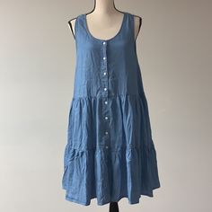 Nwot Thread + Supply Sleeveless Chambray Dress. Large. Tiered. Buttons Down The Front. Medium Wash 100% Tencel Lyocell Linen Sleeveless Sundress For Daytime, Daytime Linen Sleeveless Sundress, Sleeveless Linen Sundress For Daytime, Sleeveless Linen Daytime Dresses, Casual Blue Sleeveless Dress For Daywear, Blue Sleeveless Linen Mini Dress, Sleeveless Blue Linen Mini Dress, Casual Sleeveless Midi Dress For Daytime, Casual Blue Linen Sleeveless Dress