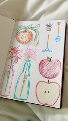 an open notebook with drawings of apples, flowers and vases on top of it