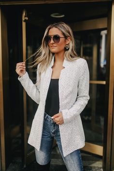 Open Front Herringbone Jacket - Grey/White – Magnolia Boutique Chic Spring Cardigan For Workwear, Trendy Office Cardigan For Fall, Casual Spring Office Cardigan, Trendy Business Casual Outerwear For Spring, White Business Casual Outerwear For Fall, White Spring Outerwear For Business Casual, Versatile White Outerwear For Fall, Versatile White Outerwear For Work, Herringbone Jacket